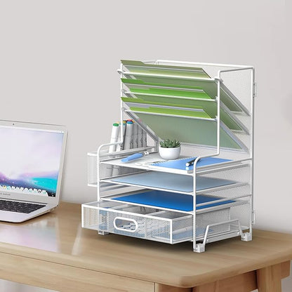 4-Tier Paper Organizer + 3-Pocket File Holder + Drawer + Pen Holders, Desktop File Organizers Paper Tray for Office Supplies School Classroom Organization (White, with Drawer & Pen Holder)