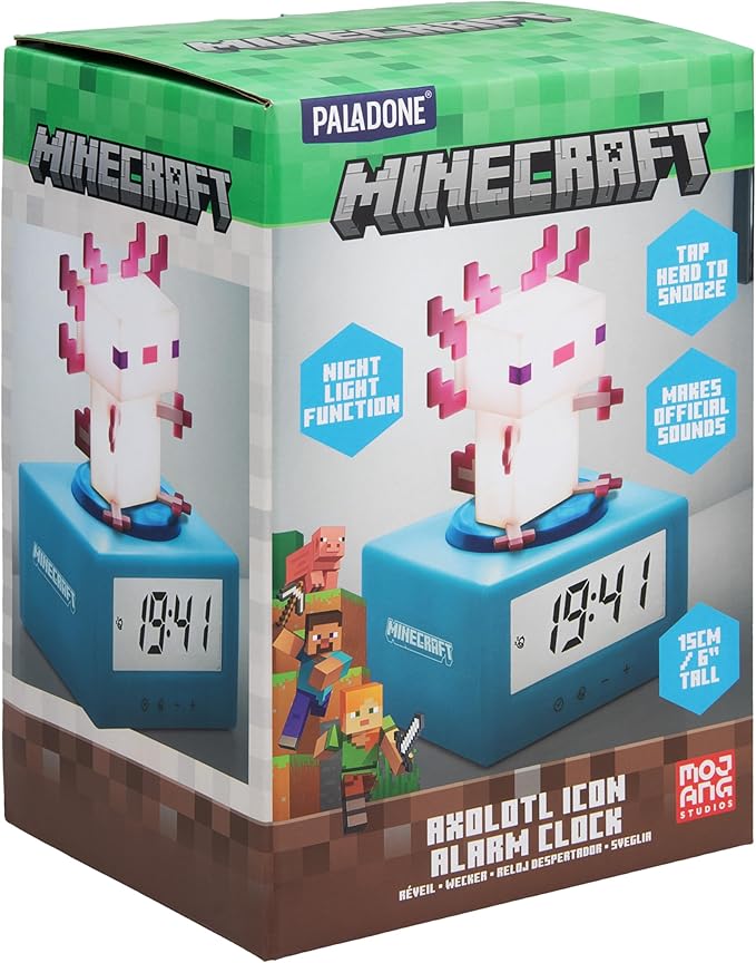 Paladone Minecraft Axolotl Digital Alarm Clock with Night Light – Officially Licensed Gaming Decor, for Kids & Teens’ Bedrooms, Game Rooms, Minecraft Fans