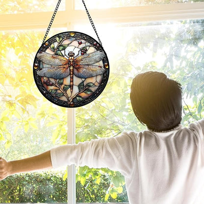 DASTOLL Stained Glass Window Hanging - Dragonfly Plant Suncatcher Ready to Hang Window Doors Home Decoration, Christmas, Mother's Day Birthday Gifts for Women, Men, and Mom 7.8x7.8 in