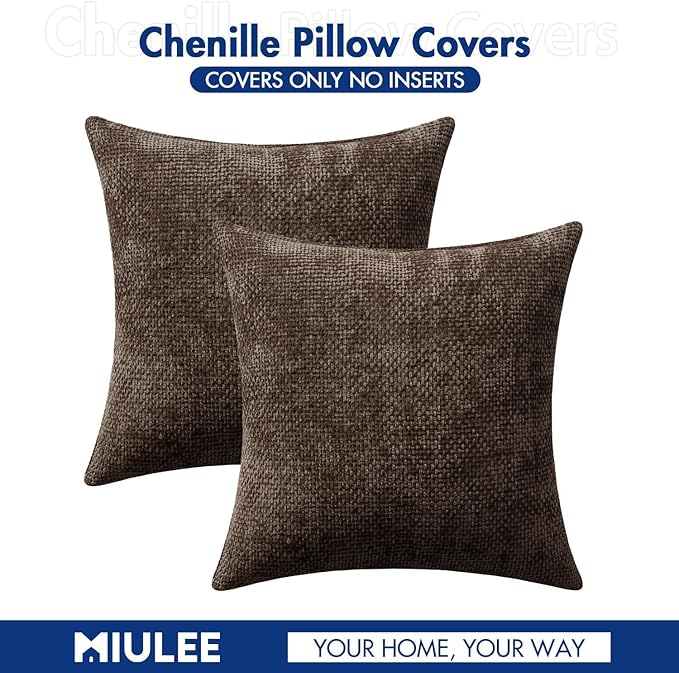 MIULEE Pack of 2 Couch Throw Pillow Covers 22x22 Inch Neutral Dark Brown Boho Accent Decorative Pillow Covers Soft Chenille Farmhouse Cushion Covers for Home Decor Bed Sofa Living Room