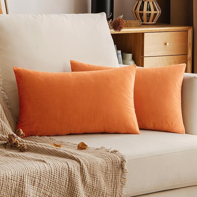 EMEMA Fall Orange Velvet Throw Pillow Covers 12x20 Inch Set of 2 Decorative Rectangle Pillowcase Soft Solid Cushion Case for Couch Sofa Bed Bedroom Livingroom
