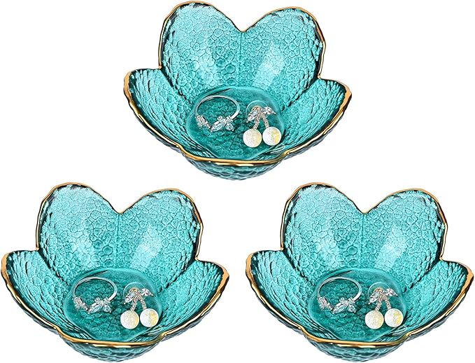 Koythin 3-Piece Glass Jewelry Tray, Small Trinket Holder for Necklace Bracelet Earring, Ring Holder for Bathroom, Aesthetic Trinket Dish, Flower Nightstand Decor for Girl Mom Women (Green)