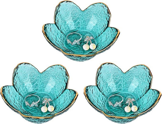 Koythin 3-Piece Glass Jewelry Tray, Small Trinket Holder for Necklace Bracelet Earring, Ring Holder for Bathroom, Aesthetic Trinket Dish, Flower Nightstand Decor for Girl Mom Women (Green)