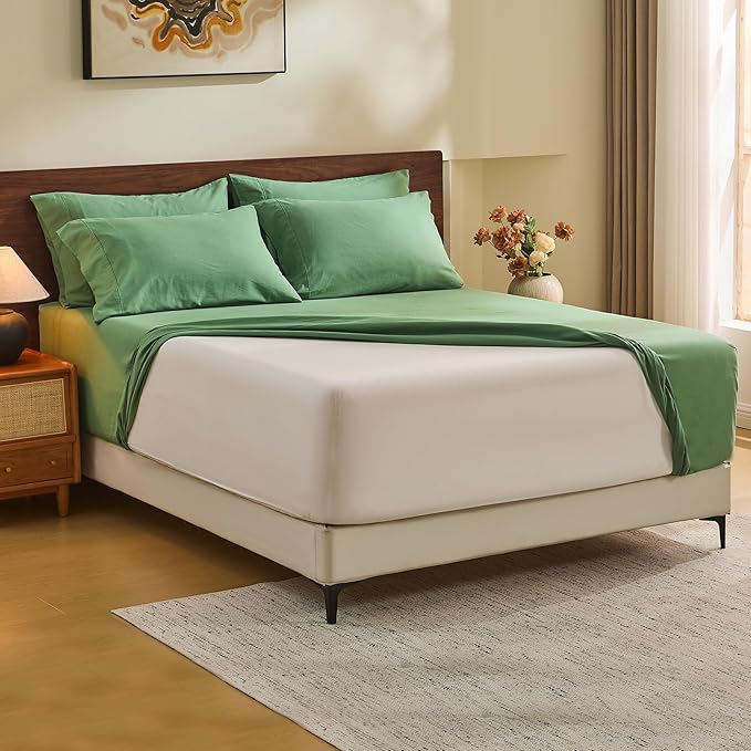 MEISHANG 100% French Pure Linen Sheets King Size - Extra Deep Pocket Sheet Set, Soft Durable Flax Linen, Anti-Tear Breathable & Oeko-Tex Certified 18-24 Deep Pocket,All Season(Sage Green)