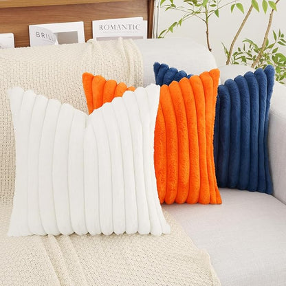 decorUhome Faux Fur Spring Throw Pillow Covers 26x26 Set of 2, Decorative Soft Plush Striped Neutral Couch Euro Sham Pillow Covers with Velvet Back for Sofa, Bed, Living Room Home, White