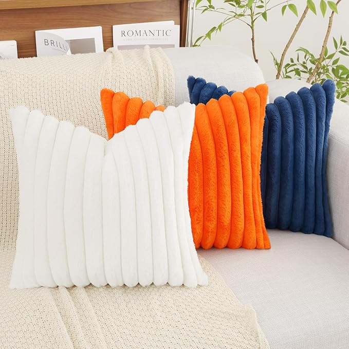 decorUhome Faux Fur Spring Throw Pillow Covers 24x24 Set of 2, Decorative Soft Plush Striped Neutral Couch Euro Sham Pillow Covers with Velvet Back for Sofa, Bed, Living Room Home, White