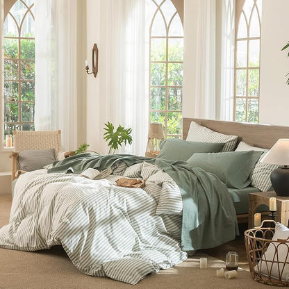 MooMee Bedding Sheet Set 100% Washed Cotton Linen Like Textured Breathable Durable Soft Comfy (Heathered Green, Full)