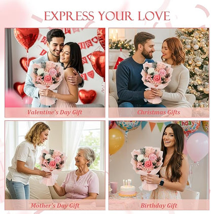 Flowers for Delivery Preserved Flowers with Vase That Last 3-5 Years Real Forever Flowers Pink Rose Bouquet for Mom Birthday Thanksgiving Christmas Gift for Women Grandma Wife Friends Her