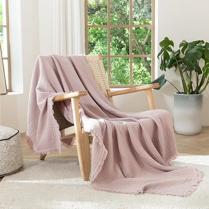 MooMee Muslin Blanket - 100% Cotton 4-Layer Gauze Throw Blanket with All-Around Fringe Ultra-Soft Breathable Lightweight Cooling for Bed Couch (Greyish Pink,Throw XL 50" x 70")