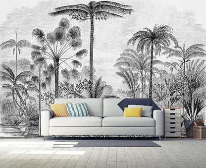 Tropical Forest Wall Mural Black Palm Tree Wallpaper Mural for Living Room Bedroom（Not Peel and Stick）