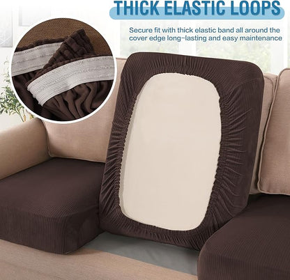 H.VERSAILTEX Velvet Stretch Couch Cushion Cover Plush Cushion Slipcover for Chair Loveseat Sofa Cushion Furniture Protector Seat Cushion Sofa Cover (2 Piece Large Sofa Cushion Covers, Brown Striped)