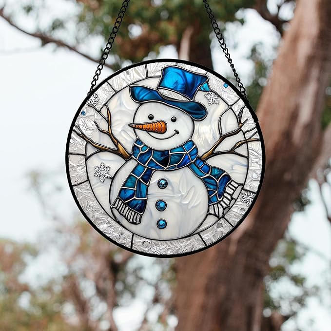 DASTOLL Stained Glass Window Hanging 4 Pcs Set White Winter Christmas Snow Scene Large 11.8" - Suncatcher Door Garden Sun Catcher Decor Birthday for Mom Woman Nana Men Friend Wife