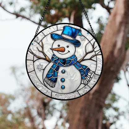DASTOLL Stained Glass Window Hanging 4 Pcs Set White Winter Christmas Snow Scene Large 15" - Suncatcher Door Garden Sun Catcher Decor Birthday for Mom Woman Nana Men Friend Wife