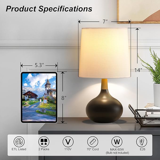 14" Ceramic Table Lamp Set of 2 with Natural Wood Stem & Linen Shade for Bedroom Decor,Modern Farmhouse Small Bedside Lamp for Nightstand, Living Room & Office (Black)