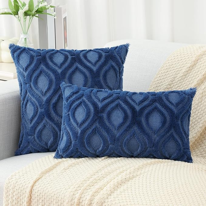 decorUhome Spring Throw Pillow Covers 16x16 Inch Set of 2, Soft Plush Faux Wool Dark Blue Solid Couch Pillow Covers, Accent Farmhouse Neutral Square Pillow Cases for Sofa Bed Living Room