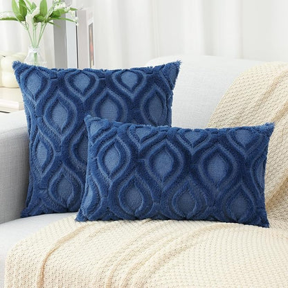 decorUhome Spring Throw Pillow Covers 12x20 Inch Set of 2, Soft Plush Faux Wool Dark Blue Solid Couch Pillow Covers, Accent Farmhouse Neutral Square Pillow Cases for Sofa Bed Living Room