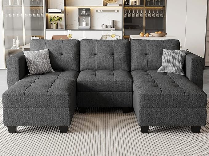 Belffin U-Shaped Sectional Sofa, Dark Grey, Wood and Polyester, 58"(D) x 90"(W) x 33"(H), Reversible Chaise, Storage, Easy Assembly