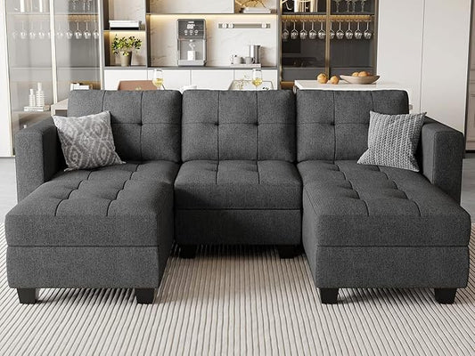 Belffin U-Shaped Sectional Sofa, Dark Grey, Wood and Polyester, 58"(D) x 90"(W) x 33"(H), Reversible Chaise, Storage, Easy Assembly