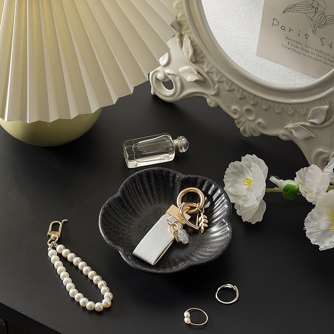 Flower Shape Ring Tray Jewelry Dish Key Bowl Ceramic Trinket Tray Decorative Jewelry Dish for Rings Necklace Earring Key Watch Home Decoration for Friend Sister Mom (Black)