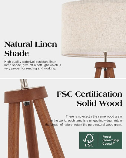 ELYONA Wood Tripod Floor Lamps with 3 Color Temperatures LED Bulb Vintage Standing Light Beige Linen Shade Tall Floor Lamp for Bedroom Living Room Office Study Room, Brown & Nickel Metal