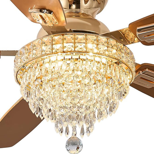 Crystal Ceiling Fan Fandelier with Lights-Ceiling Fans,50" Low Profile and Remote Control, Flush Mount, Reversible, Dimmable, Noiseless, Gold Ceiling Fan for Bedroom