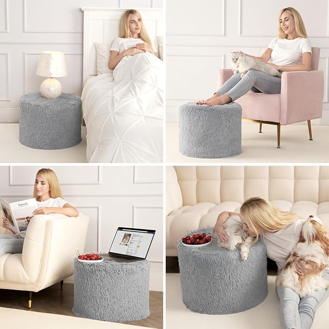 Hansleep Pouf Ottoman Foam Filled 17 x 14, Faux Fur Round Ottoman Foot Rest for Chair with Washable Cover, Foot Stools Under Desk for Living Room & Bedroom, Grey