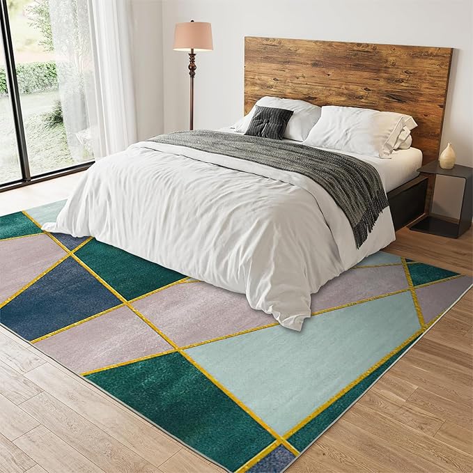 Pink Irregular Geometric Color Block Area Rug, Nordic Simple Gold Line Print Large Rugs, Machine Washable Breathable Durable Carpet for Room Sofa Living Room Mat Bedroom Decor Floor Mat,2 x 6ft