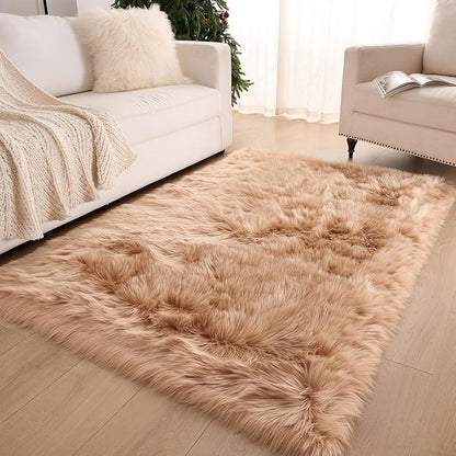 Fluffy Faux Fur Rug Brown Sheepskin Area Rug,4x6 Ft Ultra Soft Shaggy Plush Rug for Bedroom Bedside Living Room Nursery Kids Room