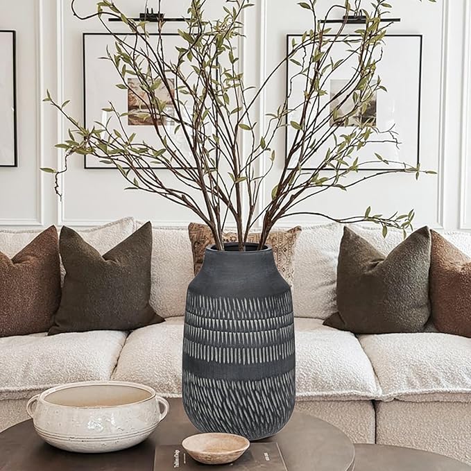 11" Rustic Farmhouse Vase with Linear Stripe, Antique Ceramic Vase Handmade in Pottery, Decorative Vintage Style for Home, Living Room, Shelf & Entryway Decor, Dark Gray