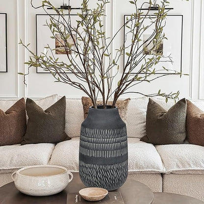 11" Rustic Farmhouse Vase with Linear Stripe, Antique Ceramic Vase Handmade in Pottery, Decorative Vintage Style for Home, Living Room, Shelf & Entryway Decor, Dark Gray