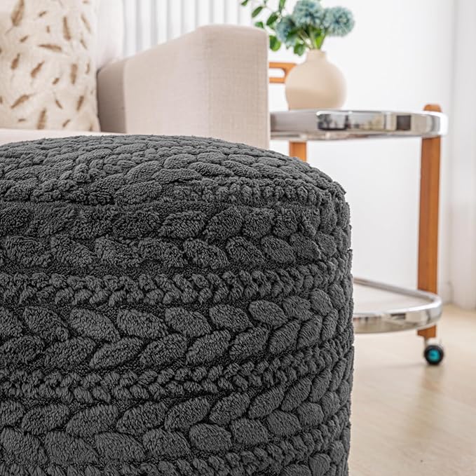 Unstuffed Ottoman Pouf Cover – Round Faux Fur Footstool Plush Floor Pouf (No Filler Included) Perfect for Living Room, Bedroom, or Office Lounge (Gray, 20x20x15 in)