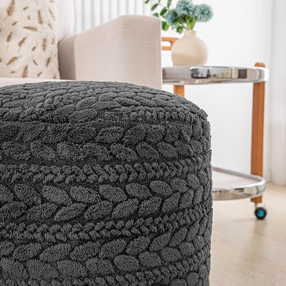 Unstuffed Ottoman Pouf Cover – Round Faux Fur Footstool Plush Floor Pouf (No Filler Included) Perfect for Living Room, Bedroom, or Office Lounge (Gray, 20x20x15 in)