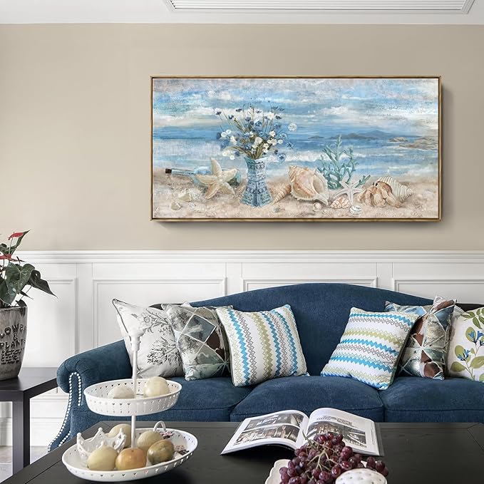 Framed Wall Art for Living Room Blue Ocean Seaside Landscape Beach Picture Coastal Canvas Print Abstract Seascape Painting Daisy Flower in Indian Vase Sea View Artwork for Home Decor 48" W x 24" H