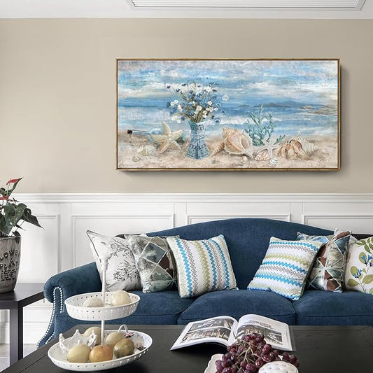 Framed Wall Art for Living Room Blue Ocean Seaside Landscape Beach Picture Coastal Canvas Print Abstract Seascape Painting Daisy Flower in Indian Vase Sea View Artwork for Home Decor 48" W x 24" H