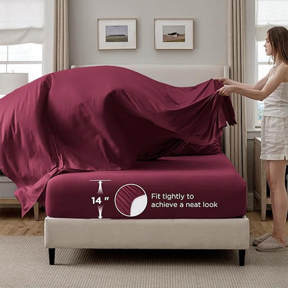 Bedsure Twin Comforter Set Burgundy - Bed in a Bag Twin Size Bedding 5 Pieces, GentleSoft™ Pintuck Bed Set Gift for Family, Pinch Pleat Burgundy Comforter with Sheets, Pillowcase & Sham