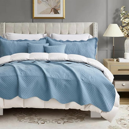 HZ & HY Oversized King Bedspread 128x120 Extra Wide, Ultrasonic Coverlet Bedding Set, Lightweight Thin Comforter, Reversible, 5 Piece, 100% Microfiber, Ashley Blue