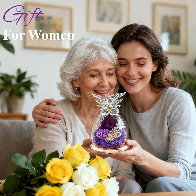 Purple Rose Valentines Day Gifts for Her Birthday Gifts for Women, Forever Rose in Glass Flowers for Delivery, Preserved Rose Angel Figurine for Mom Grandma, Mother’s Day Birthday Gifts