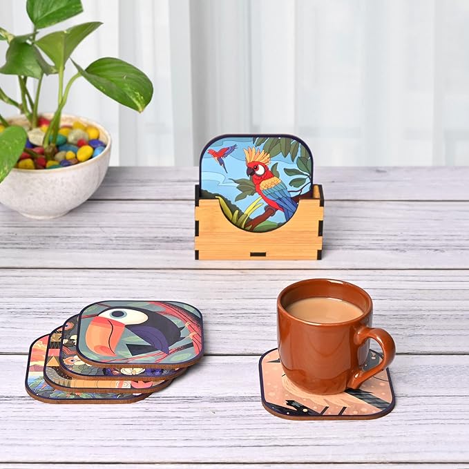 GKD Wooden Coasters for Drinks, MDF Coasters Set of 6 with Holder, Bird Design, 3.8 inches Eco-Friendly Absorbent Coaster for Coffee Table, Bar, Drinking Glasses, Tabletop Protection