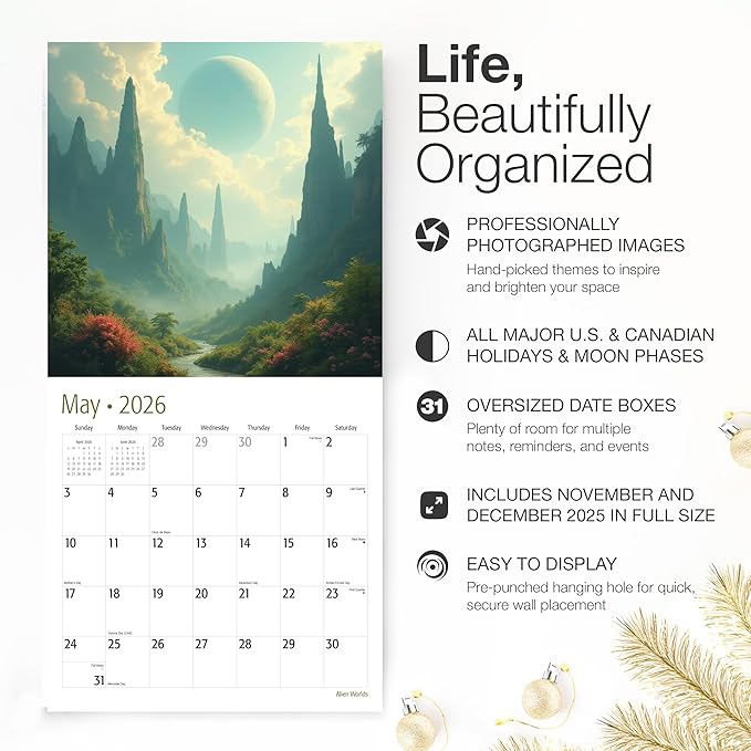 RED EMBER Alien Worlds 2026 Wall Calendar 12 Month | 12" x 24" Open | Thick & Sturdy Paper | Holiday Gift | Sci Fi Art Calendar 2026