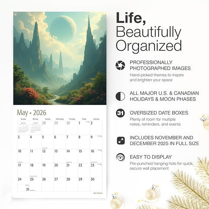 RED EMBER Alien Worlds 2026 Wall Calendar 12 Month | 12" x 24" Open | Thick & Sturdy Paper | Holiday Gift | Sci Fi Art Calendar 2026