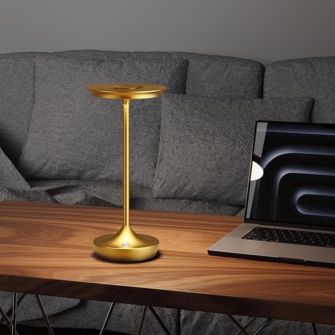 LED Cordless Table Lamps Rechargeable - Outdoor 6000mAh Battery Operated Portable Tables Light 3 Color Stepless Dimming Lamp with Memory Function for Patio Restaurant Dining Gold