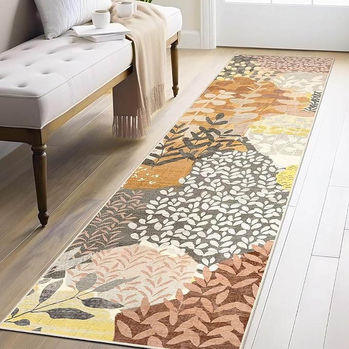 DEXDE Runner Rug 2x8 Fall Washable Hallway Boho Soft Area Rugs Abstract Long Non Slip Leaves Floral Vintage Floor Carpet for Entryway, Kitchen, Laundry, Bathroom, Bedroom,Camel