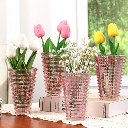 MCMCNCUIU Crystal Flower Vase Set of 4, Glass Vases for Centerpieces, Pink Vases for Flowers, Small Vase for Living Room, Bedroom, Kitchen, Office, Wedding