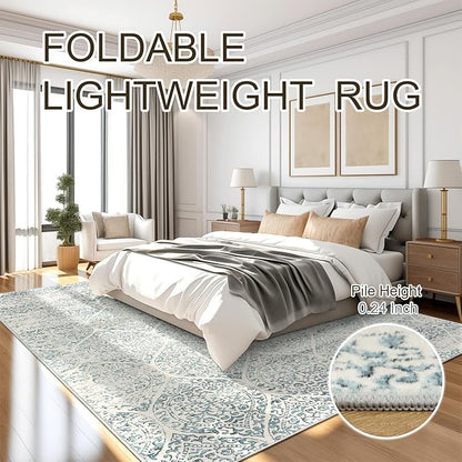 9x12 Area Rugs for Living Room, Stain Resistant Neutral Washable Rugs for Dining Room, Bedroom, Floral Vintage Non-Slip Extra Large Area Rug(Light Blue, 9'x12')