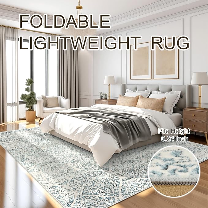 10x14 Area Rugs for Living Room Large Washable Rugs for Bedroom Floral Vintage Non-Slip Thin Area Rug Indoor Home Office Decor Light Blue