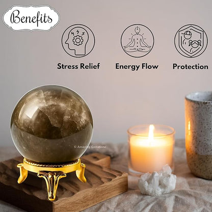 Amazing Gemstone Smoky Quartz Crystal Ball with Stand - 1.5 Inches Crystal Sphere Meditation Balls for Witchcraft and Decorative Balls