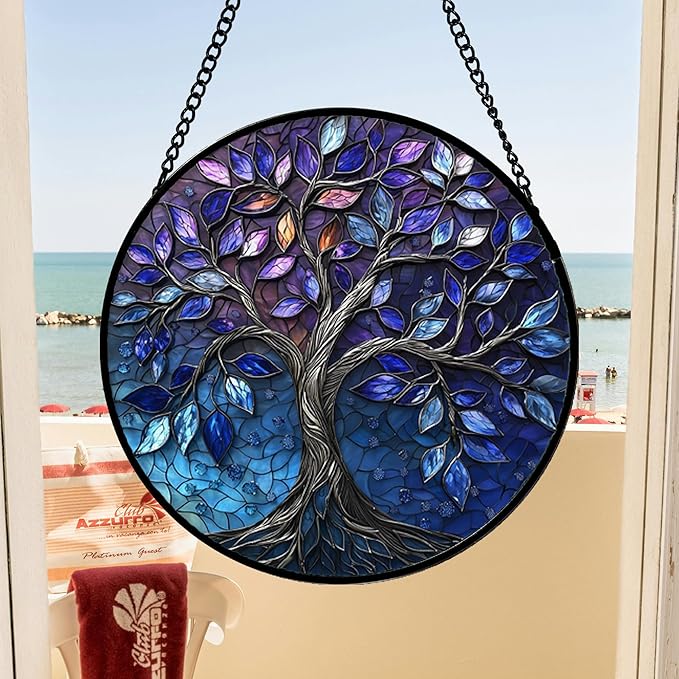 DASTOLL Stained Glass Window Hanging, Blue Purple Tree of Life Sun Catchers Colorful Glass Panel Plants Suncatcher Decor for Birthday for Women,Men,Wife, Lovers, and Mom 11.8x11.8 in