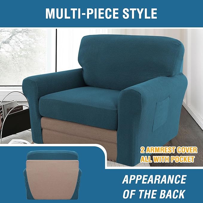 H.VERSAILTEX Multi-Pieces Chair Covers Stretch Couch Covers Form Fitted Seat and Back Cushions Covers (1 Seat Cover Plus 1 Back Cusion Cover, Bonus 2 Armrest Covers), Deep Teal