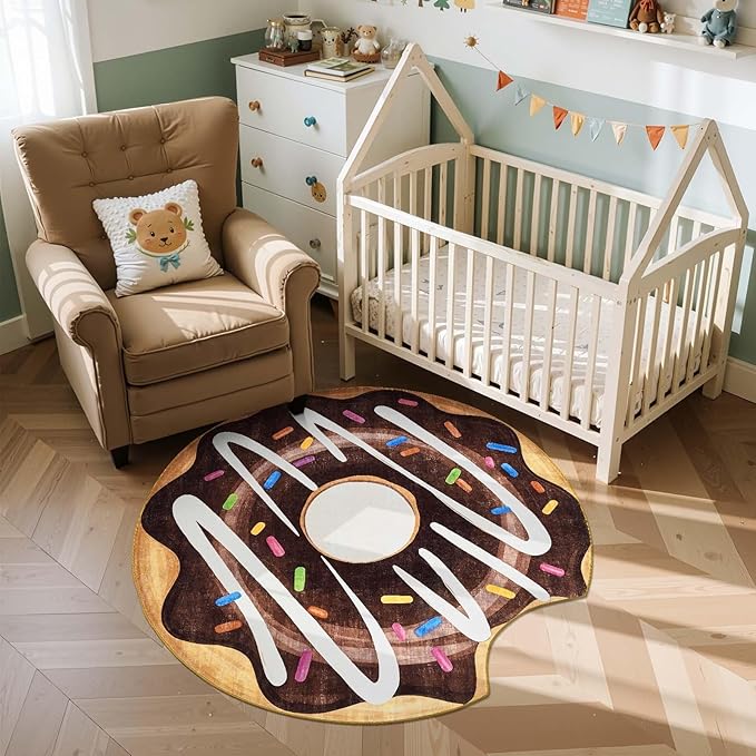 jinchan Cute Round Rug 5ft Chocolate Donut Fun Rug Washable Playroom Mat Sweet Dessert Circle Cool Rug Non Slip 5' Round Soft Cozy Floor Mat Funky Gift for Kids Teens Dorm Bedroom Living Room