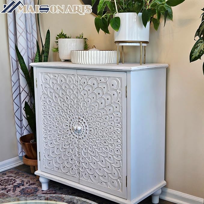 MAISON ARTS White Accent Cabinet with 2 Doors, Farmhouse Distressed Storage Cabinet w/Solid Wood Legs for Living Room Entryway, Kitchen Sideboard Buffet Cabinet, Feather Pattern